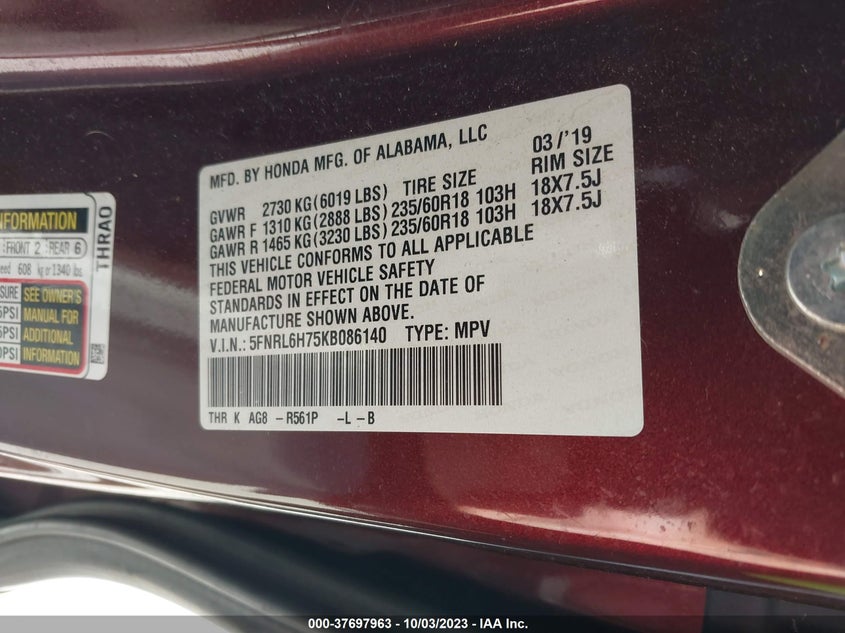 VIN 5FNRL6H75KB086140 2019 HONDA ODYSSEY EX-L
