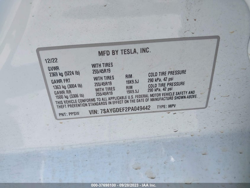 VIN 7SAYGDEF2PA049442 2023 TESLA MODEL Y PERFORMANCE
