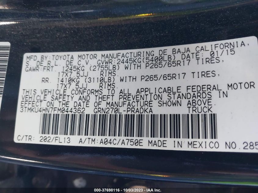 2015 TOYOTA TACOMA DBL CAB PRERUNNER LNG BED - 3TMKU4HN7FM044362