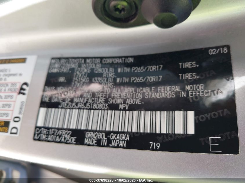2018 TOYOTA 4RUNNER SR5/LIMITED/SR5 PREMIUM - JTEZU5JR6J5180803