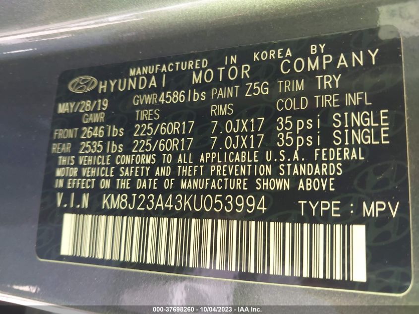 2019 HYUNDAI TUCSON SE - KM8J23A43KU053994