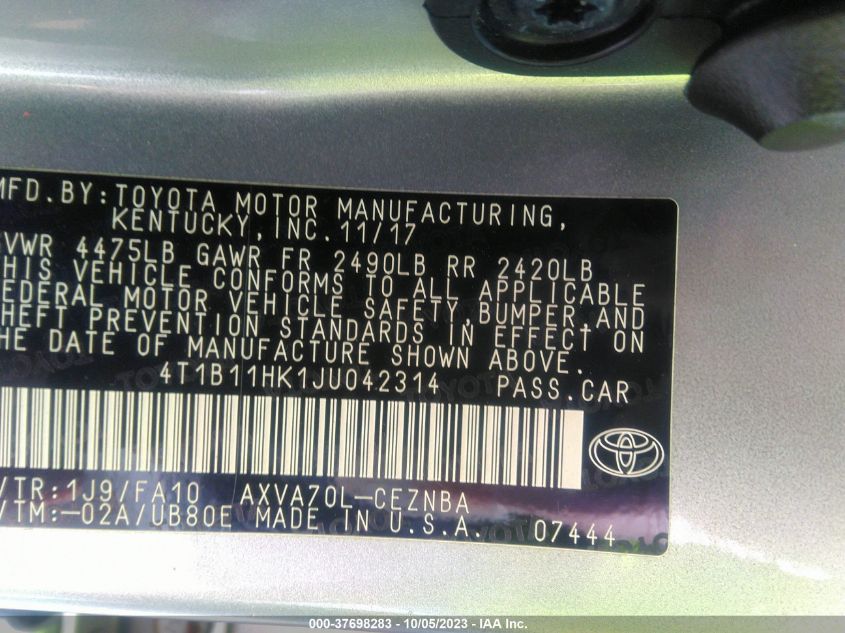 2018 TOYOTA CAMRY LE/SE/XLE/L - 4T1B11HK1JU042314