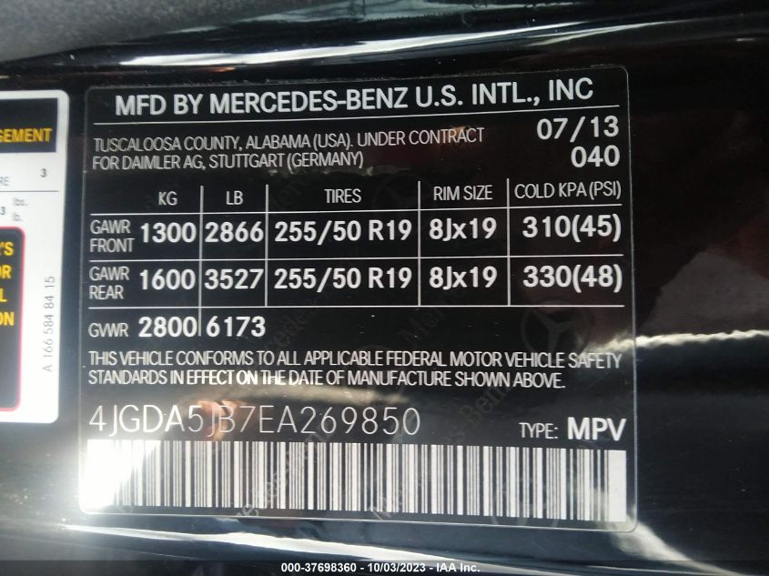 2014 MERCEDES-BENZ M-CLASS ML 350 4JGDA5JB7EA269850
