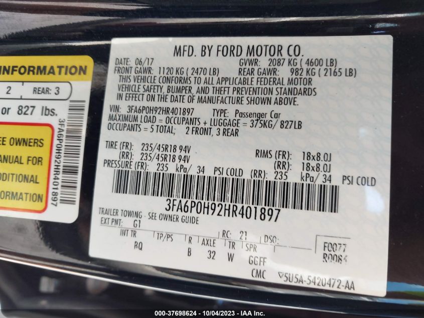 2017 FORD FUSION SE - 3FA6P0H92HR401897