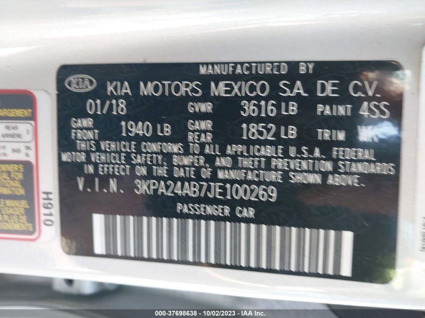 3KPA24AB7JE100269 | 2018 KIA RIO