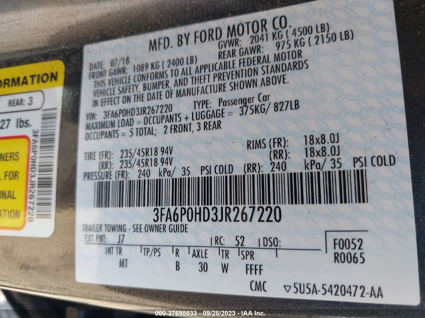 2018 FORD FUSION SE - 3FA6P0HD3JR267220