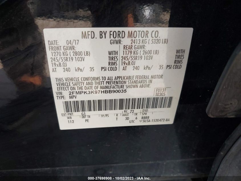 2FMPK3K97HBB90035 2017 FORD EDGE, photo no. 9