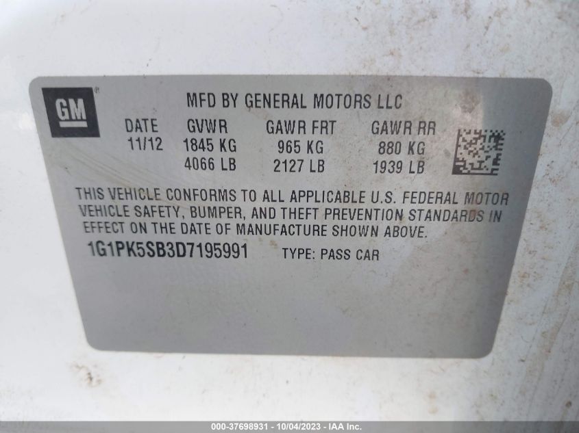 2013 CHEVROLET CRUZE LT - 1G1PK5SB3D7195991