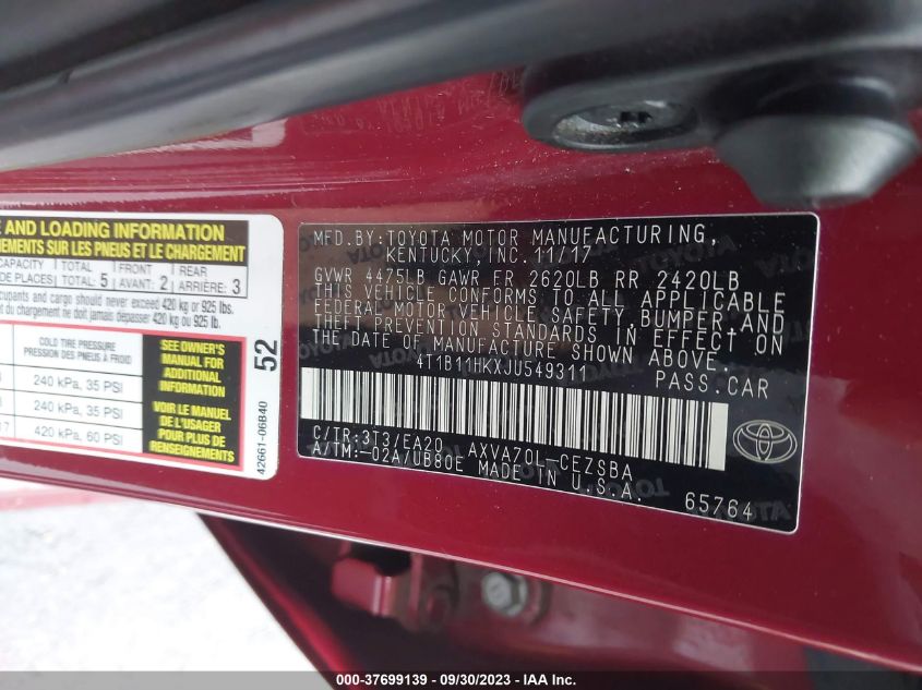 2018 TOYOTA CAMRY L/LE/XLE/SE/XSE - 4T1B11HKXJU549311