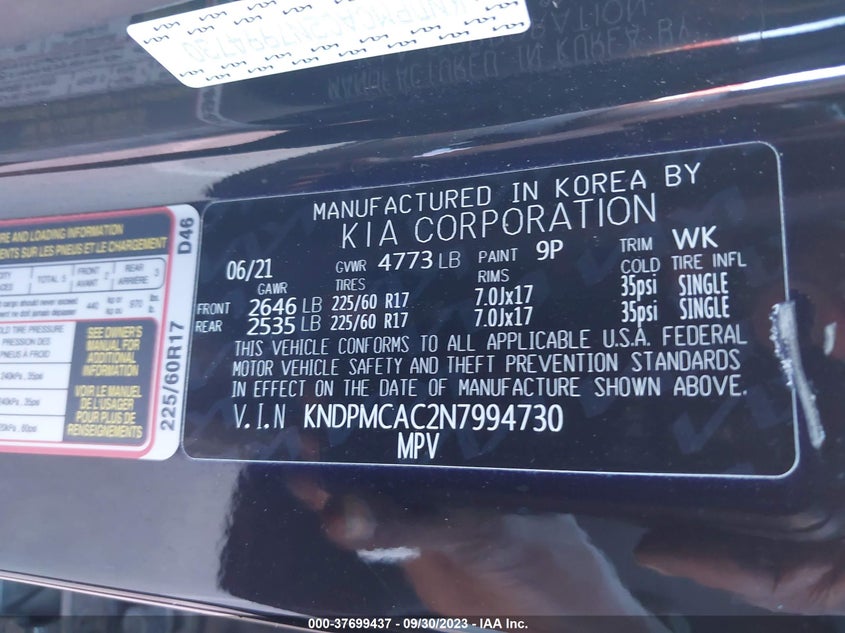 VIN KNDPMCAC2N7994730 2022 KIA SPORTAGE LX