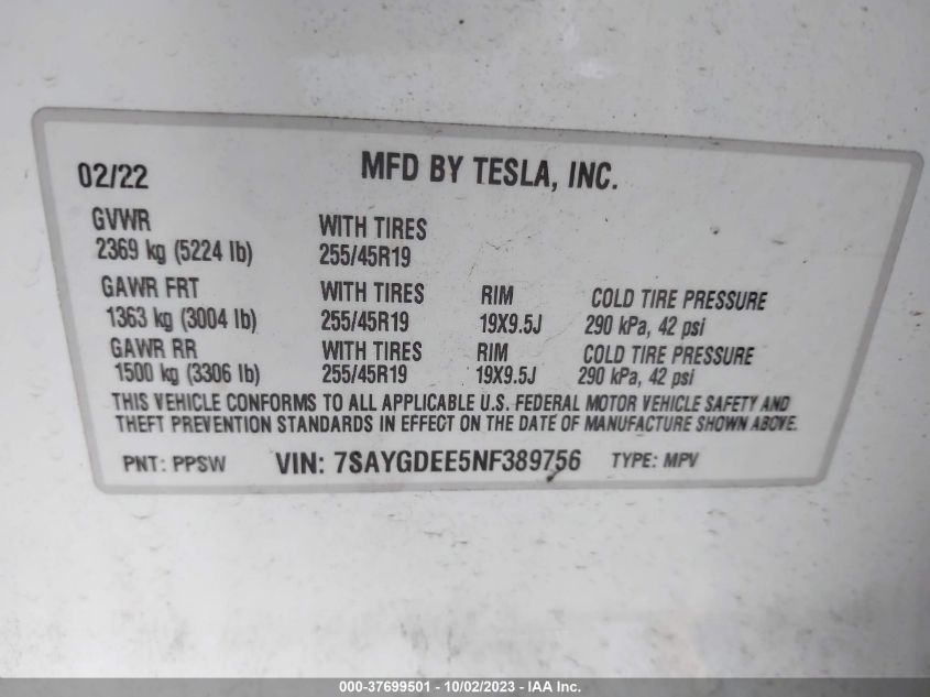 7SAYGDEE5NF389756 Tesla Model Y   9