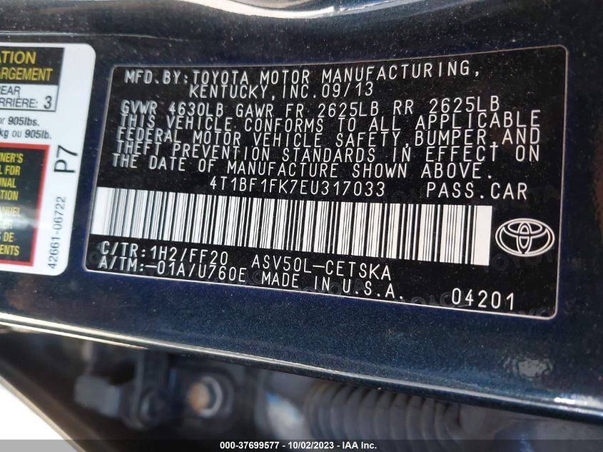 2014 TOYOTA CAMRY L/LE/XLE/SE/SE SPORT - 4T1BF1FK7EU317033