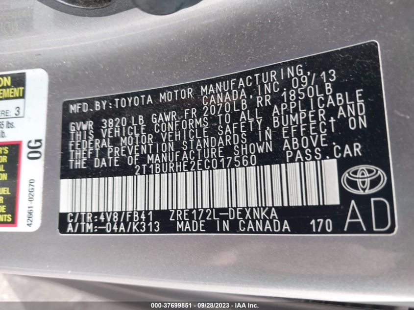 2014 TOYOTA COROLLA L/LE/S/S PLUS/LE PLUS - 2T1BURHE2EC017560