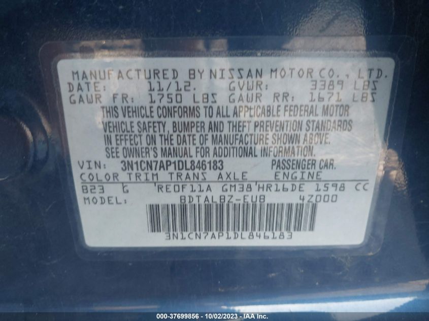 2013 NISSAN VERSA SV - 3N1CN7AP1DL846183
