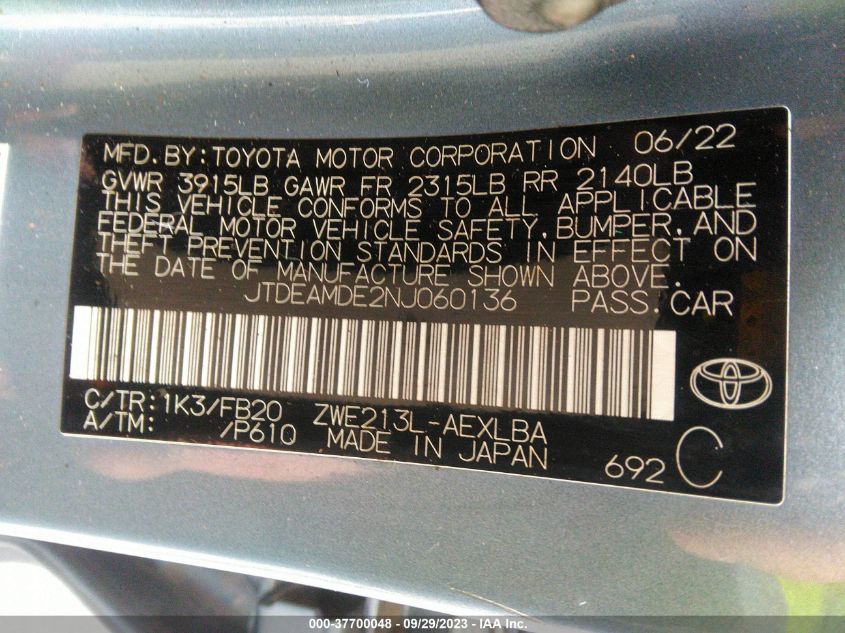 2022 TOYOTA COROLLA HYBRID LE - JTDEAMDE2NJ060136