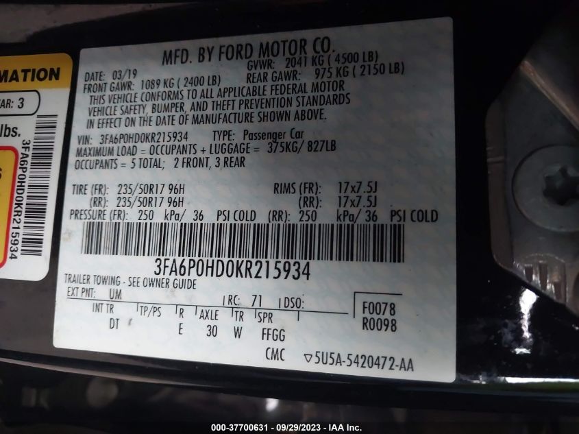 3FA6P0HD0KR215934 2019 FORD FUSION, photo no. 9