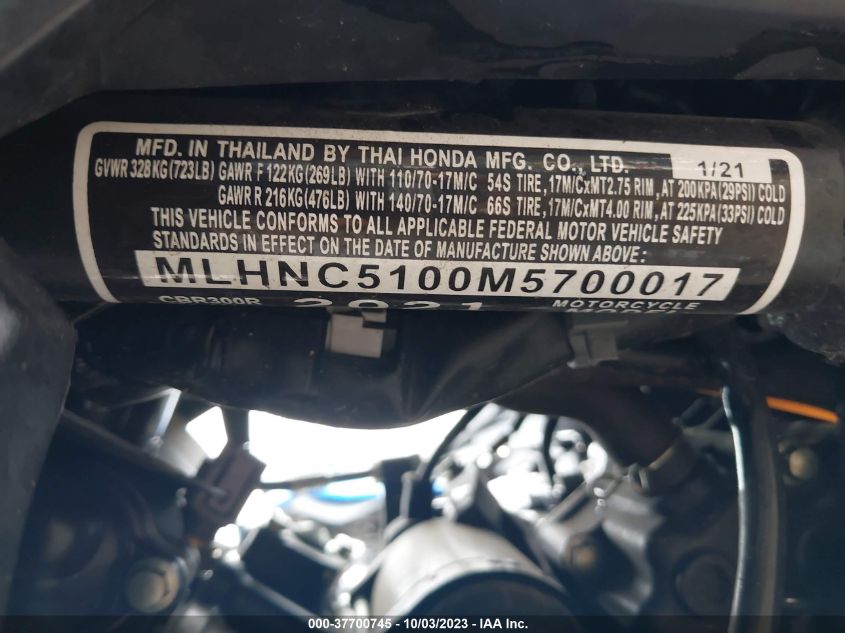 2021 HONDA CBR300 R MLHNC5100M5700017