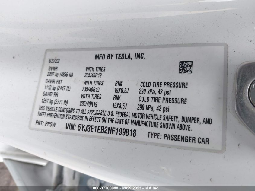 VIN 5YJ3E1EB2NF199818 2022 TESLA MODEL 3 LONG RANGE