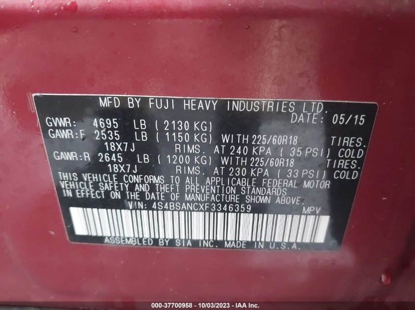 2015 SUBARU OUTBACK 2.5I LIMITED - 4S4BSANCXF3346359