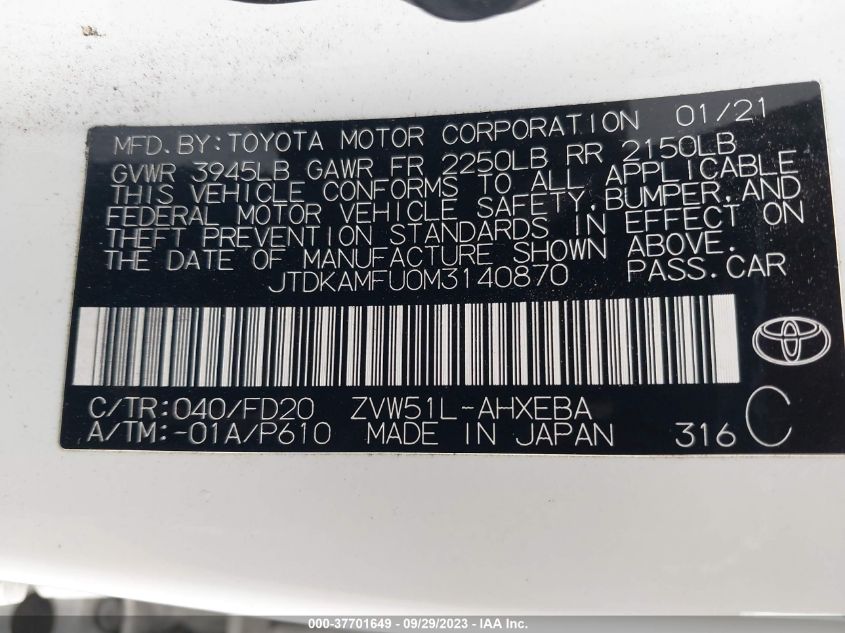 2021 TOYOTA PRIUS L - JTDKAMFU0M3140870