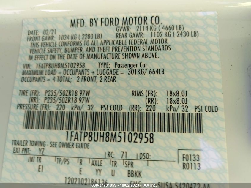 1FATP8UH8M5102958 Ford Mustang ECOBOOST 9