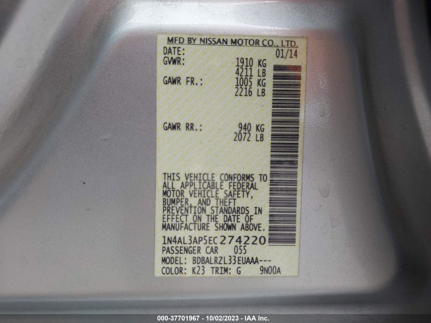 2014 NISSAN ALTIMA 2.5 S - 1N4AL3AP5EC274220