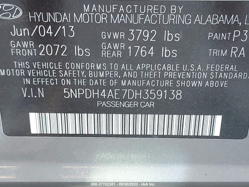 2013 HYUNDAI ELANTRA GLS/LIMITED - 5NPDH4AE7DH359138