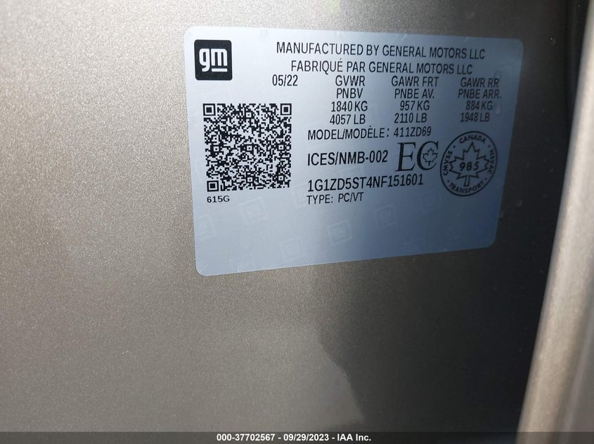 VIN 1G1ZD5ST4NF151601 2022 CHEVROLET MALIBU LT