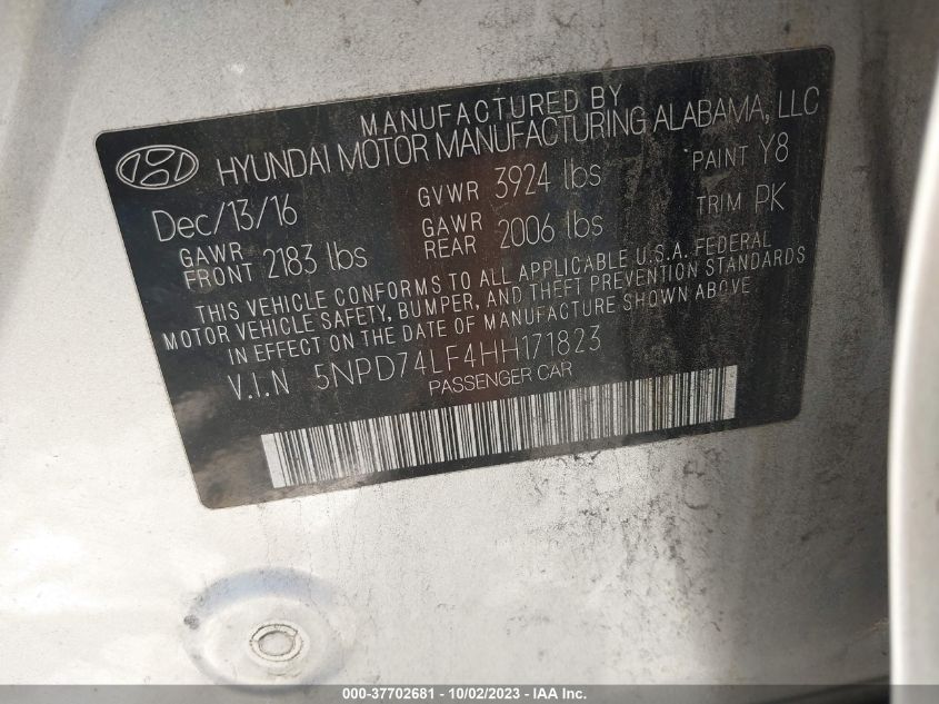 2017 HYUNDAI ELANTRA SE - 5NPD74LF4HH171823