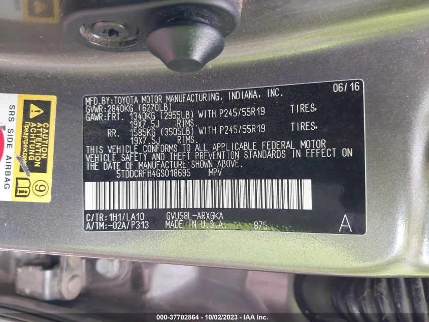 2016 TOYOTA HIGHLANDER HYBRID LIMITED - 5TDDCRFH4GS018695