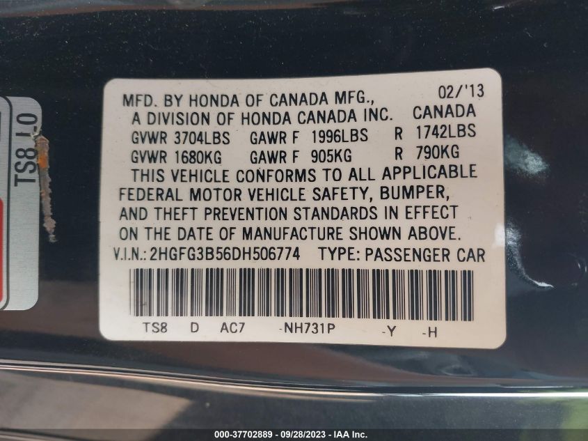 2013 HONDA CIVIC CPE LX 2HGFG3B56DH506774