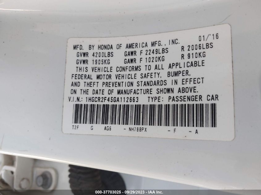 2016 HONDA ACCORD SEDAN LX - 1HGCR2F45GA112663
