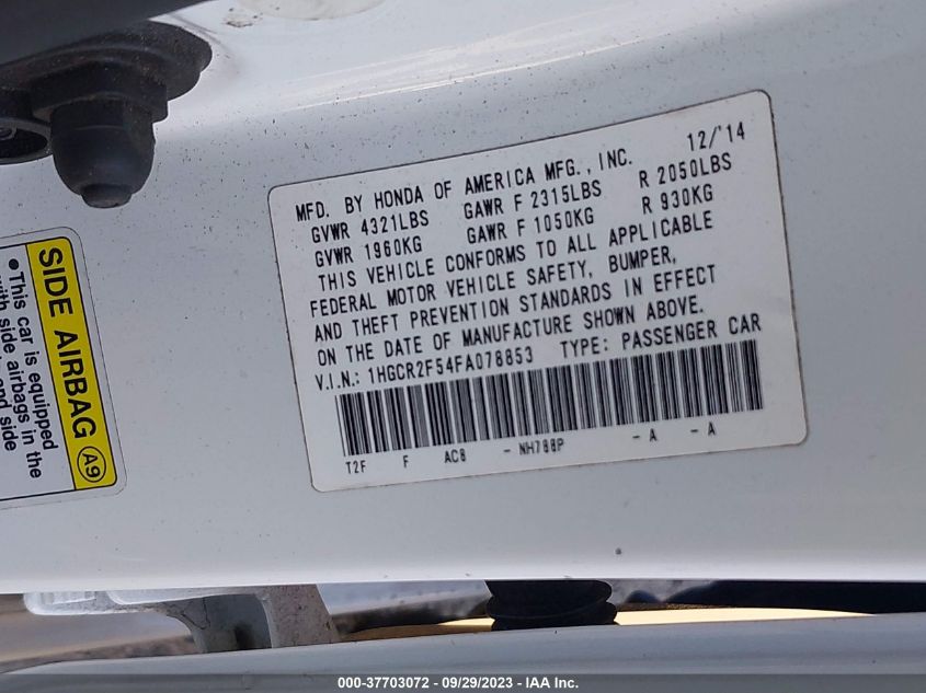 2015 HONDA ACCORD SEDAN SPORT - 1HGCR2F54FA078853