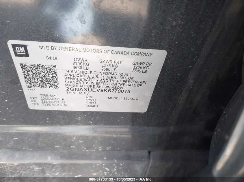 2019 CHEVROLET EQUINOX LT - 2GNAXUEV8K6270073