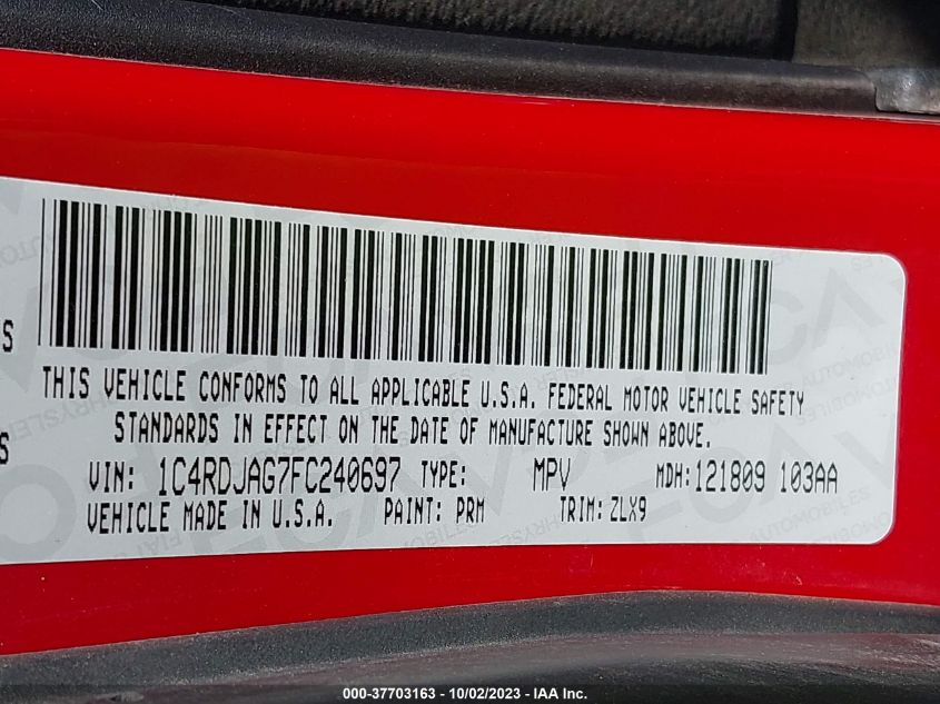 2015 DODGE DURANGO SXT - 1C4RDJAG7FC240697
