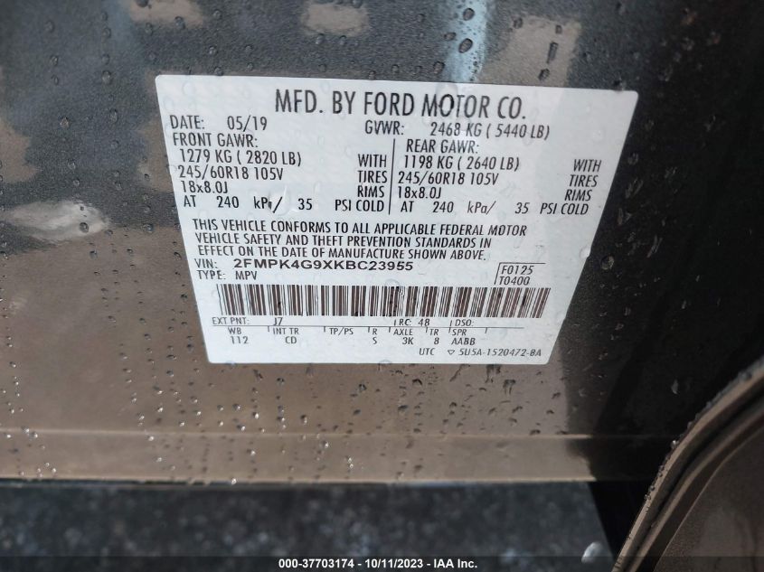 2FMPK4G9XKBC23955 2019 FORD EDGE, photo no. 9