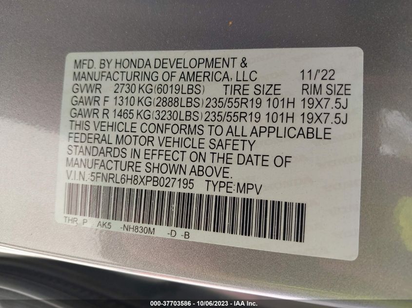 5FNRL6H8XPB027195 Honda Odyssey TOURING 9