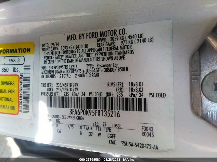 2015 FORD FUSION TITANIUM - 3FA6P0K95FR135216