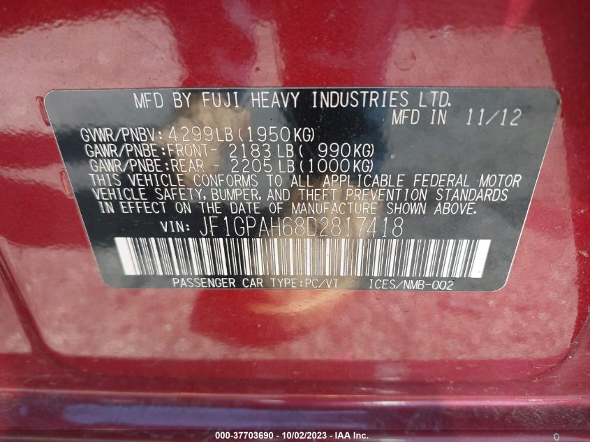 2013 SUBARU IMPREZA 2.0I LIMITED - JF1GPAH68D2817418