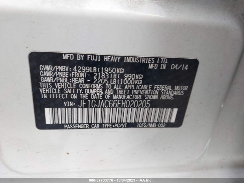 2014 SUBARU IMPREZA SEDAN PREMIUM JF1GJAC66EH020205