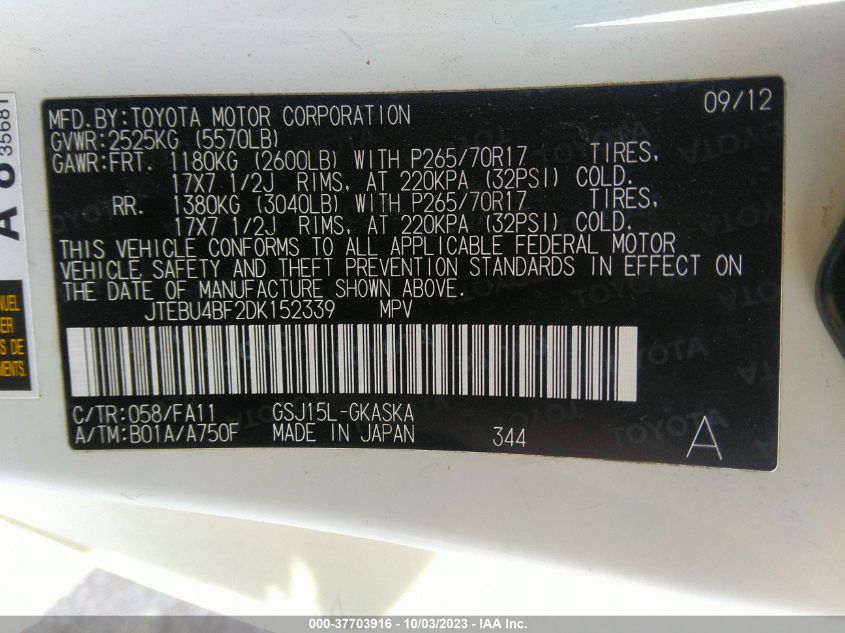 2013 TOYOTA FJ CRUISER JTEBU4BF2DK152339