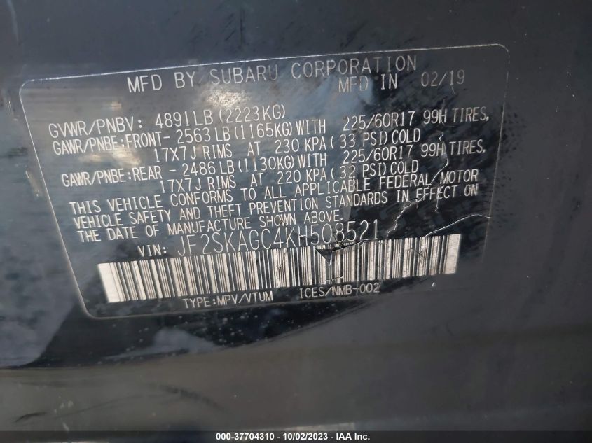 2019 SUBARU FORESTER PREMIUM - JF2SKAGC4KH508521