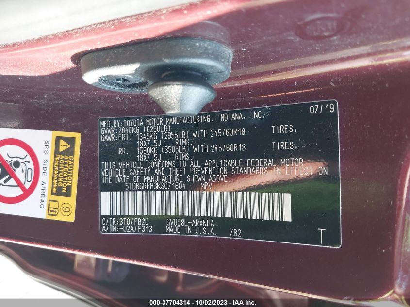 2019 TOYOTA HIGHLANDER HYBRID LE 5TDBGRFH3KS071604