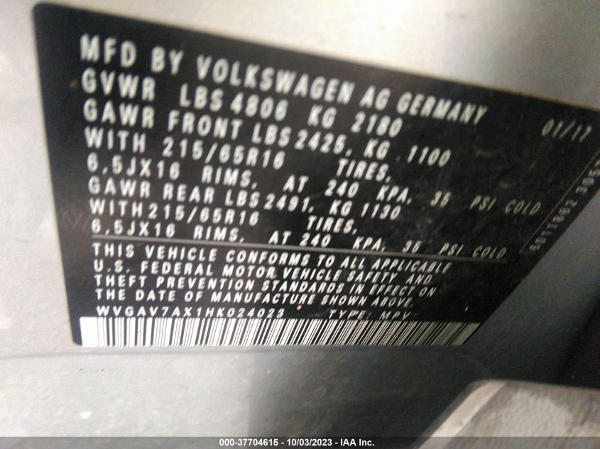 2017 VOLKSWAGEN TIGUAN S/LIMITED - WVGAV7AX1HK024023