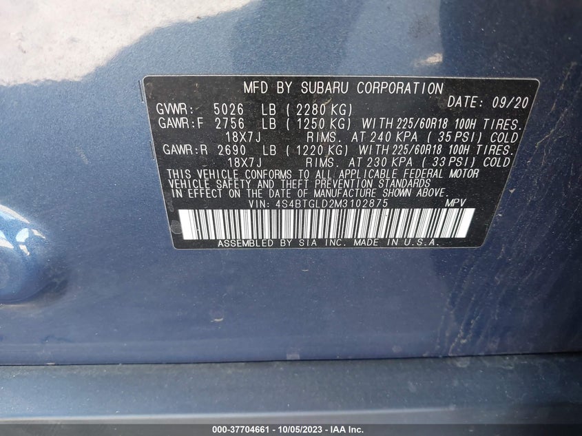 VIN 4S4BTGLD2M3102875 2021 SUBARU OUTBACK ONYX EDITION XT