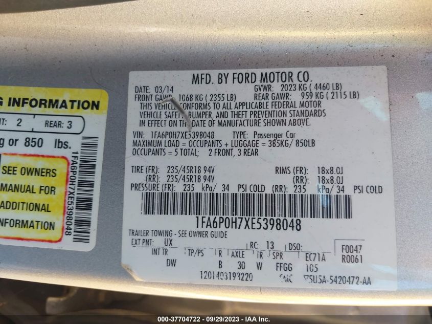 2014 FORD FUSION SE - 1FA6P0H7XE5398048