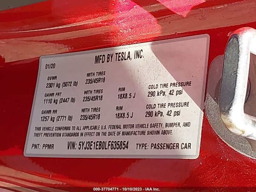 2020 TESLA MODEL 3 LONG RANGE - 5YJ3E1EB0LF635854