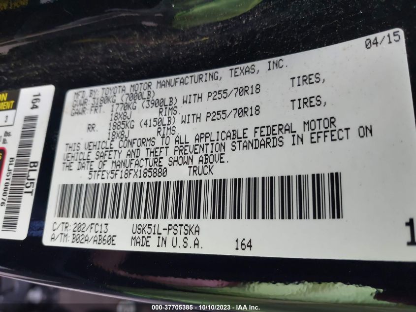 2015 TOYOTA TUNDRA 2WD TRUCK SR5 - 5TFEY5F18FX185880