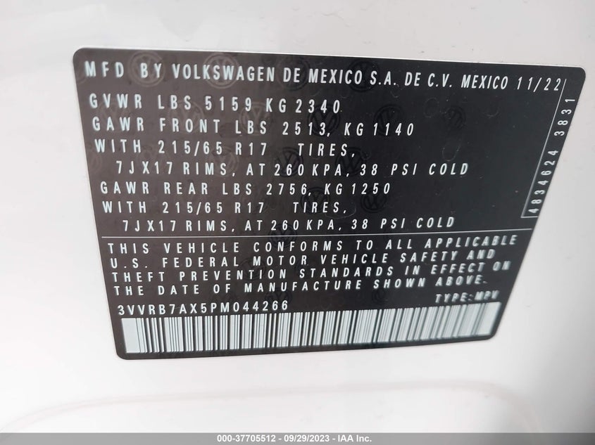 VIN 3VVRB7AX5PM044266 2023 VOLKSWAGEN TIGUAN S