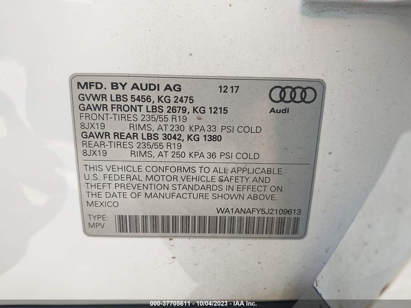 VIN WA1ANAFY5J2109613 2018 AUDI Q5 PREMIUM